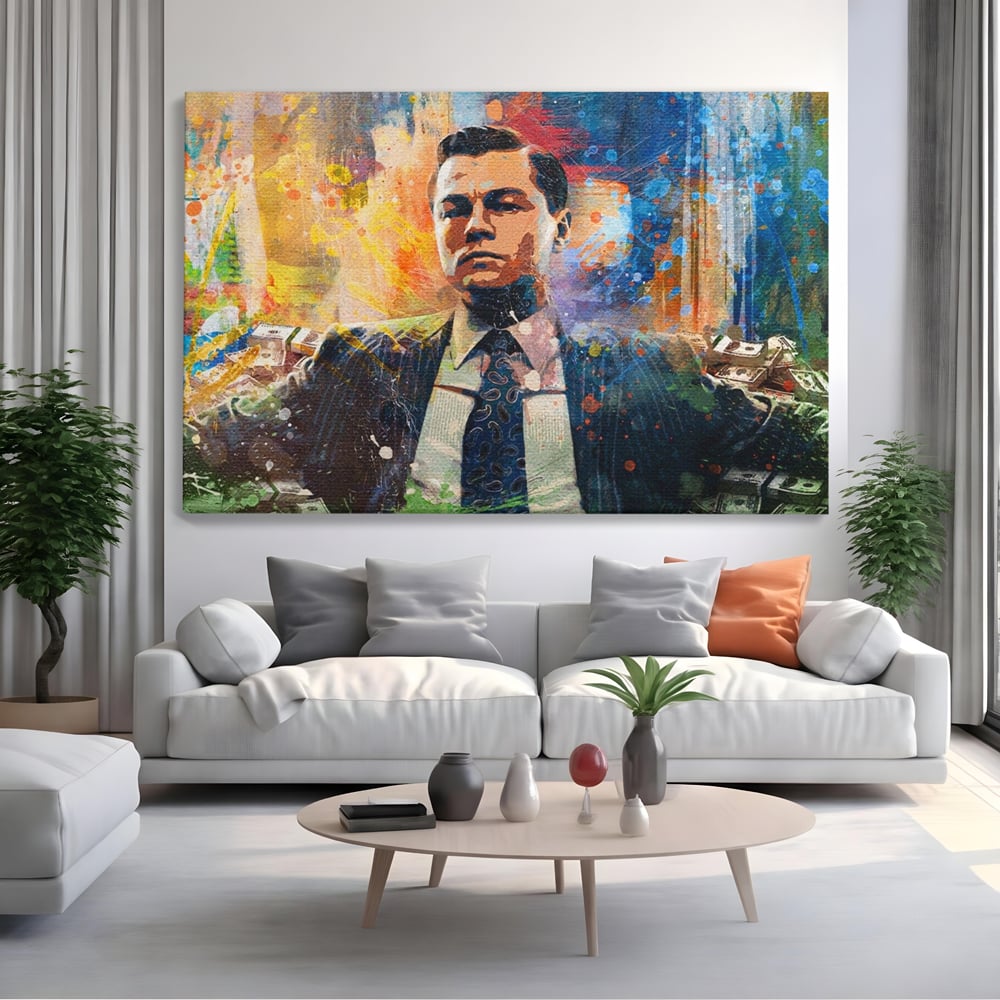 Tablou canvas cu tablou canvas cu leonardo dicaprio si bani, fara rama, pe sasiu de lemn, pe perete intr-un living